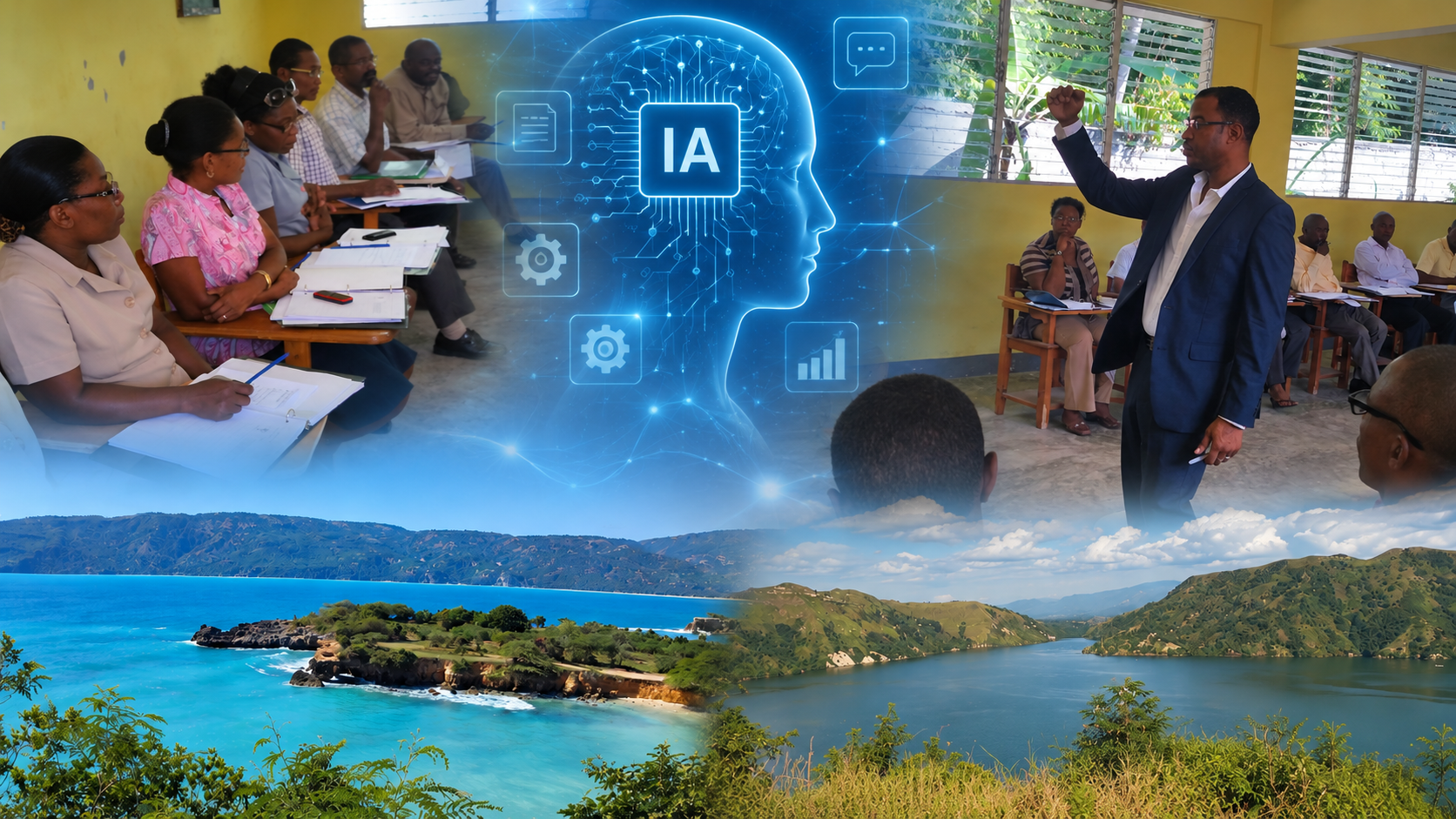Collage : rencontres de formation-action pour directeurs d’écoles en Haïti (projet Crédit-Écolage), une tête lumineuse portant la mention IA, la plage de la Saline à Jacmel et le lac de Péligre.