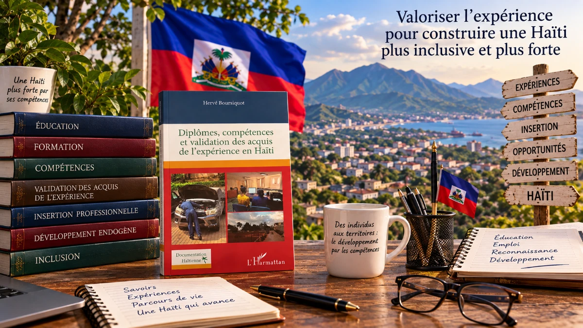 Livre Diplômes, compétences et validation des acquis de l’expérience en Haïti de Hervé Boursiquot, devant un paysage haïtien avec drapeau, montagnes et littoral, entouré de références à l’éducation, aux compétences, à l’expérience et au développement endogène.