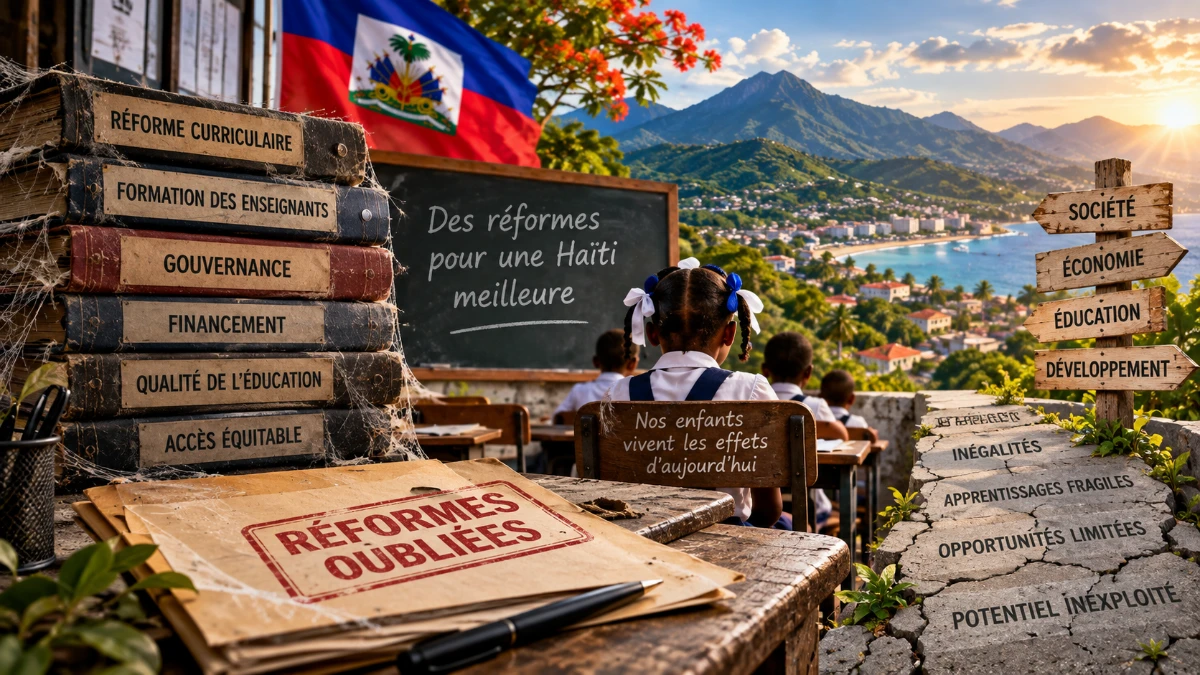 Élèves haïtiens dans une salle de classe avec dossiers de réformes éducatives, drapeau d’Haïti et paysage montagneux, illustrant les effets concrets des politiques éducatives sur les apprentissages, les inégalités et le développement.