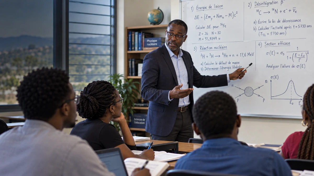 Enseignant universitaire donnant un cours de physique nucléaire à des étudiants, illustration des pratiques de qualification et d’enseignement supérieur en Haïti.